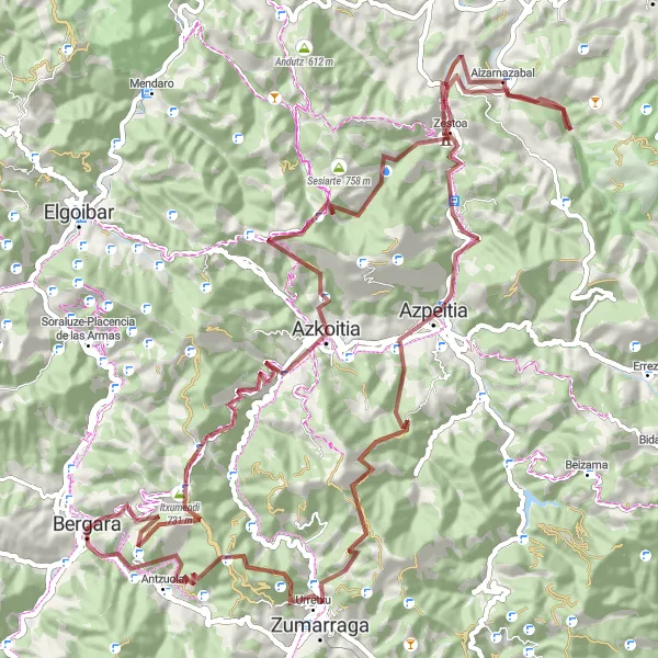 Miniaturní mapa "Zasněžená cyklotrasa kolem Azkoitia" inspirace pro cyklisty v oblasti País Vasco, Spain. Vytvořeno pomocí plánovače tras Tarmacs.app