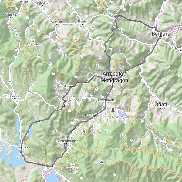 Miniature de la carte de l'inspiration cycliste "Tour à travers les vallées verdoyantes" dans la País Vasco, Spain. Générée par le planificateur d'itinéraire cycliste Tarmacs.app