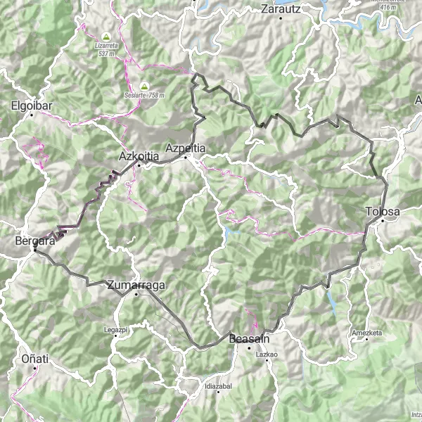 Map miniature of "The Scenic Road Loop to Zestoa and Ordizia" cycling inspiration in País Vasco, Spain. Generated by Tarmacs.app cycling route planner