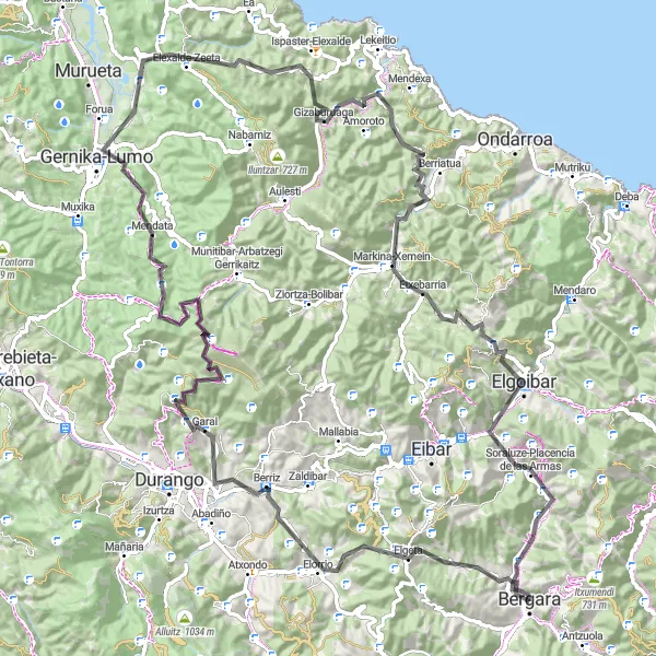 Miniatura della mappa di ispirazione al ciclismo "Giro stradale attraverso Guernica e Garai" nella regione di País Vasco, Spain. Generata da Tarmacs.app, pianificatore di rotte ciclistiche