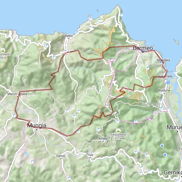 Map miniature of "Sukarrieta Gravel Adventure" cycling inspiration in País Vasco, Spain. Generated by Tarmacs.app cycling route planner