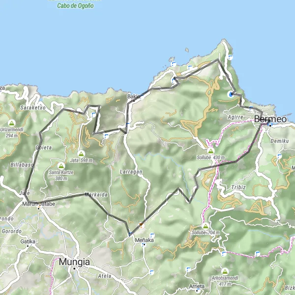 Miniatura della mappa di ispirazione al ciclismo "Giro in bici di 45 km da Bermeo" nella regione di País Vasco, Spain. Generata da Tarmacs.app, pianificatore di rotte ciclistiche