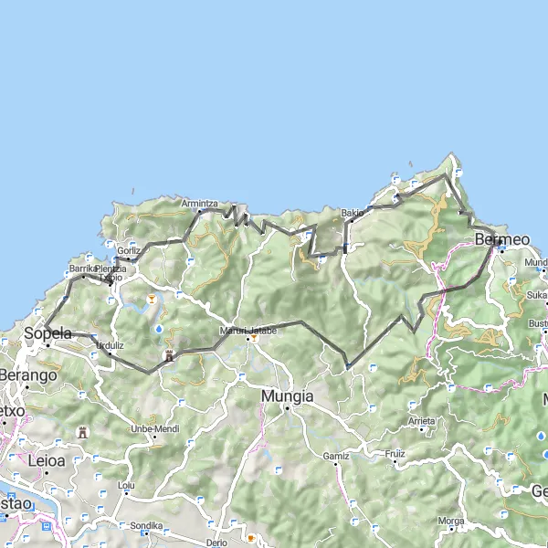 Miniatura della mappa di ispirazione al ciclismo "Giro in bici di 70 km da Bermeo" nella regione di País Vasco, Spain. Generata da Tarmacs.app, pianificatore di rotte ciclistiche