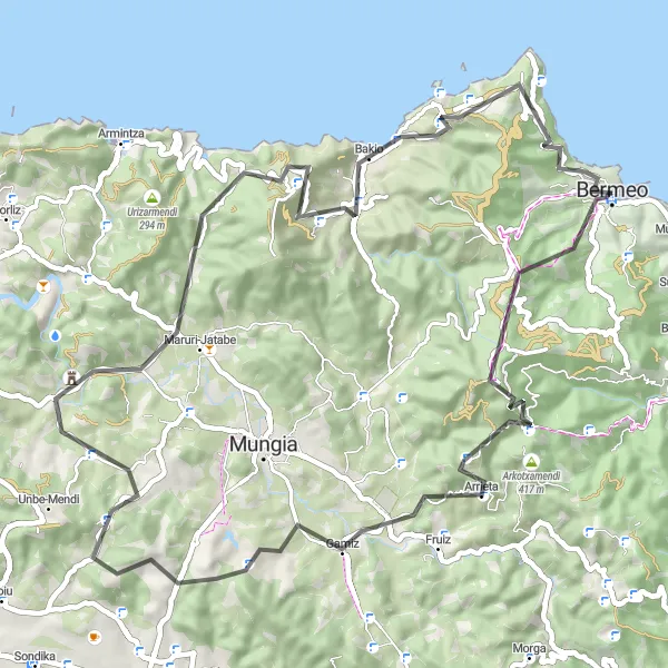 Miniatura della mappa di ispirazione al ciclismo "Road Route da Bermeo a Bermeo" nella regione di País Vasco, Spain. Generata da Tarmacs.app, pianificatore di rotte ciclistiche