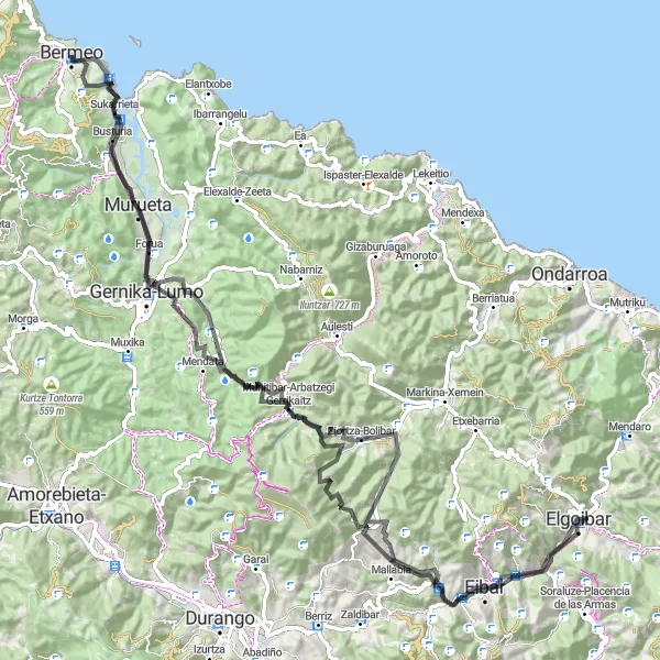 Miniatura della mappa di ispirazione al ciclismo "Giro in bici di 116 km da Bermeo" nella regione di País Vasco, Spain. Generata da Tarmacs.app, pianificatore di rotte ciclistiche