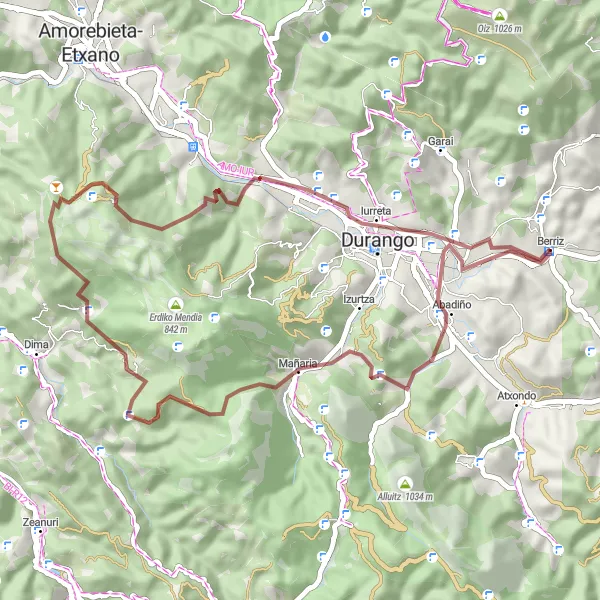 Miniatuurkaart van de fietsinspiratie "Santiago - Kurutze - Berriz Gravel Route" in País Vasco, Spain. Gemaakt door de Tarmacs.app fietsrouteplanner