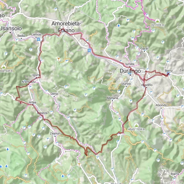 Miniatura della mappa di ispirazione al ciclismo "Escursione in bicicletta tra Abadiño e Arantzazu" nella regione di País Vasco, Spain. Generata da Tarmacs.app, pianificatore di rotte ciclistiche