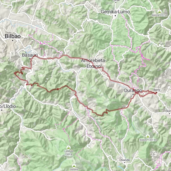 Miniaturní mapa "Gravel cyklostezka okolo Berriz" inspirace pro cyklisty v oblasti País Vasco, Spain. Vytvořeno pomocí plánovače tras Tarmacs.app