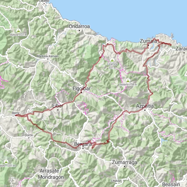 Miniatua del mapa de inspiración ciclista "Ruta desafiante de grava desde Berriz a Legano" en País Vasco, Spain. Generado por Tarmacs.app planificador de rutas ciclistas