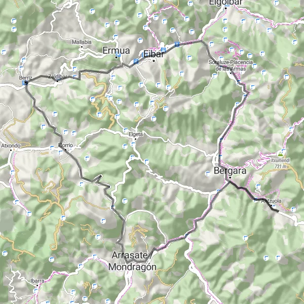 Map miniature of "Berriz to Gisasti road loop" cycling inspiration in País Vasco, Spain. Generated by Tarmacs.app cycling route planner