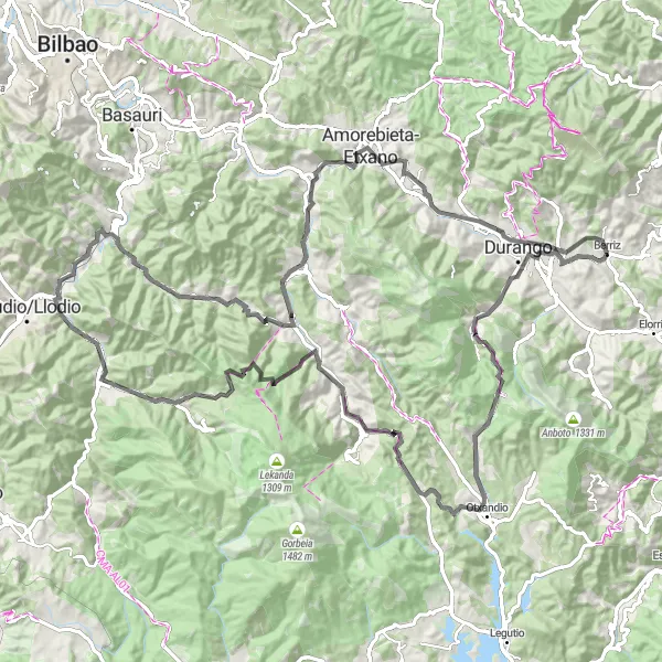 Map miniature of "Berriz to Izurtza loop" cycling inspiration in País Vasco, Spain. Generated by Tarmacs.app cycling route planner