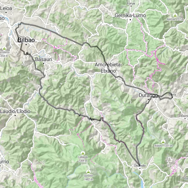 Miniaturní mapa "Cyklistická stezka kolem Berriz (País Vasco, Španělsko) - silnice" inspirace pro cyklisty v oblasti País Vasco, Spain. Vytvořeno pomocí plánovače tras Tarmacs.app