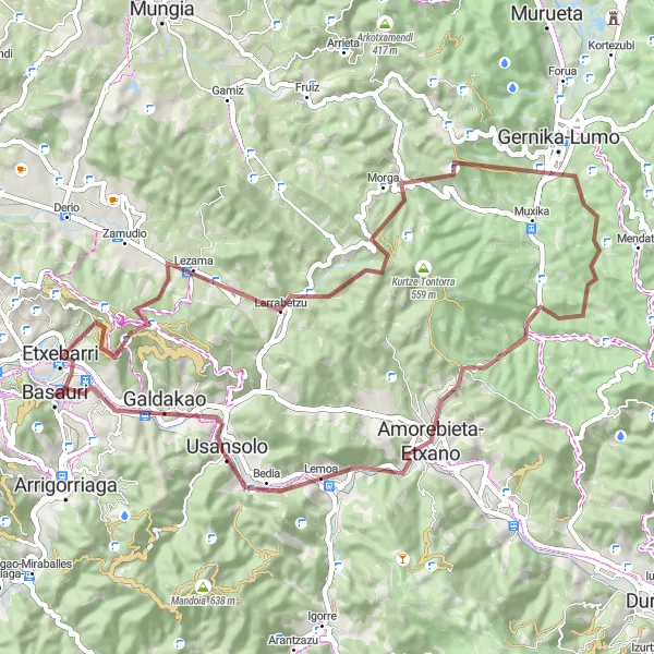 Miniatura della mappa di ispirazione al ciclismo "Escursione a Ganguren e Bizkargi" nella regione di País Vasco, Spain. Generata da Tarmacs.app, pianificatore di rotte ciclistiche