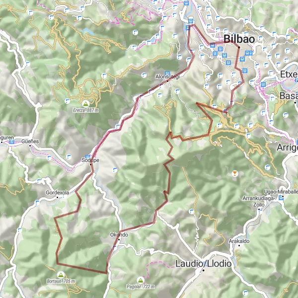 Miniatura della mappa di ispirazione al ciclismo "Esplorazione di Bilbao e Ganekogorta" nella regione di País Vasco, Spain. Generata da Tarmacs.app, pianificatore di rotte ciclistiche