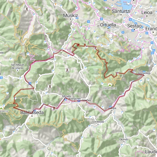 Miniaturní mapa "Gravelová expedice do horského regionu Güeñes" inspirace pro cyklisty v oblasti País Vasco, Spain. Vytvořeno pomocí plánovače tras Tarmacs.app