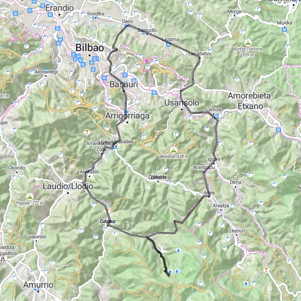 Miniatua del mapa de inspiración ciclista "Ruta en bici de carretera desde Bilbao a Txabolondo y vuelta" en País Vasco, Spain. Generado por Tarmacs.app planificador de rutas ciclistas