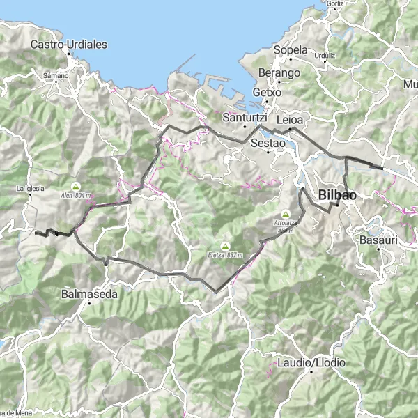 Miniatua del mapa de inspiración ciclista "Vuelta en bicicleta por carretera cerca de Bilbao" en País Vasco, Spain. Generado por Tarmacs.app planificador de rutas ciclistas