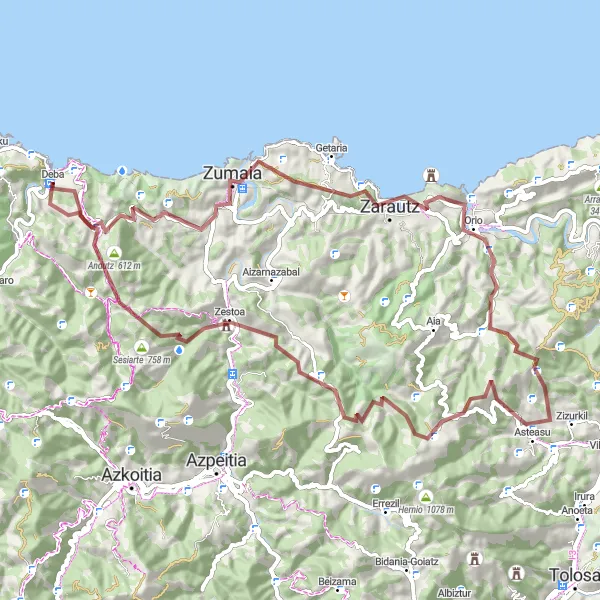 Map miniature of "Gravel Adventure: Deba to Zarautz Loop" cycling inspiration in País Vasco, Spain. Generated by Tarmacs.app cycling route planner