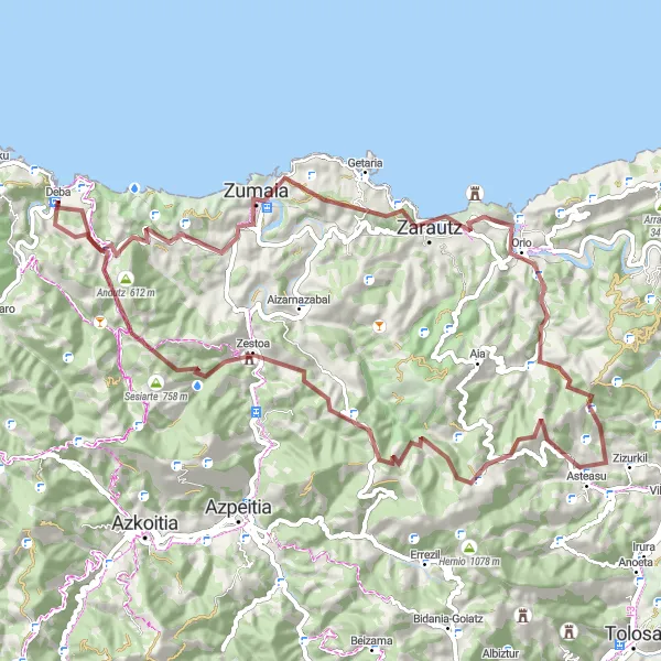 Miniatuurkaart van de fietsinspiratie "Zumaia Gravelroute" in País Vasco, Spain. Gemaakt door de Tarmacs.app fietsrouteplanner