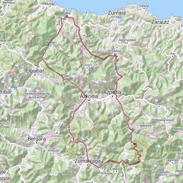 Miniatua del mapa de inspiración ciclista "Ruta en bicicleta de Deba alrededor del País Vasco en gravilla" en País Vasco, Spain. Generado por Tarmacs.app planificador de rutas ciclistas