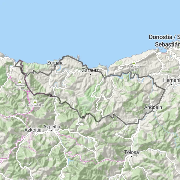 Miniaturní mapa "Obratná Okružní Cesta" inspirace pro cyklisty v oblasti País Vasco, Spain. Vytvořeno pomocí plánovače tras Tarmacs.app