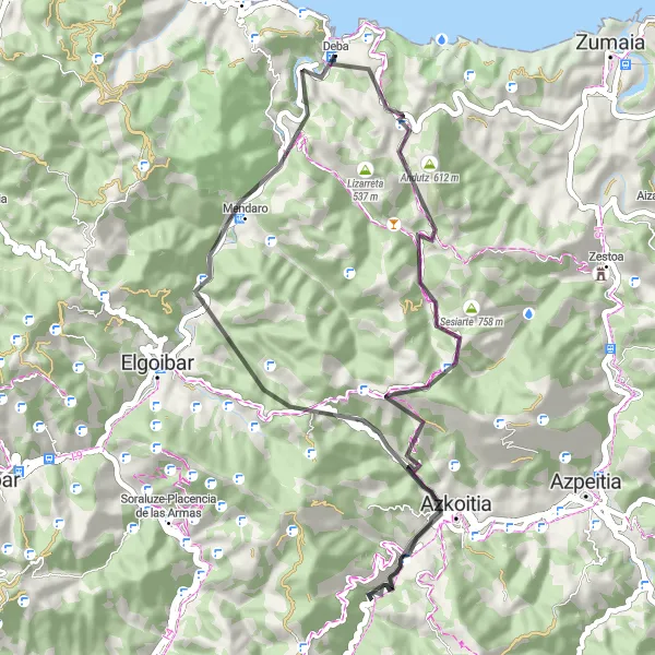 Miniatura della mappa di ispirazione al ciclismo "Giro in bicicletta in País Vasco" nella regione di País Vasco, Spain. Generata da Tarmacs.app, pianificatore di rotte ciclistiche