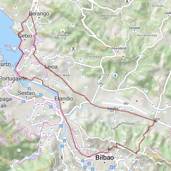 Miniatuurkaart van de fietsinspiratie "Kortere Gravel Route van Derio naar Artxanda" in País Vasco, Spain. Gemaakt door de Tarmacs.app fietsrouteplanner