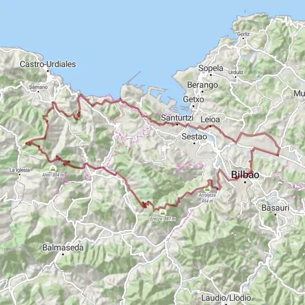 Karten-Miniaturansicht der Radinspiration "Gravel-Abenteuer um Derio" in País Vasco, Spain. Erstellt vom Tarmacs.app-Routenplaner für Radtouren