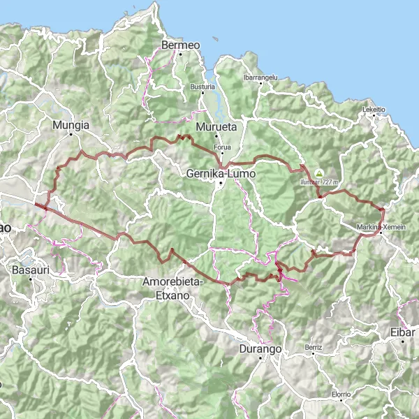 Miniatura della mappa di ispirazione al ciclismo "Giro Gravel Berreaga-Ziortza-Bolibar" nella regione di País Vasco, Spain. Generata da Tarmacs.app, pianificatore di rotte ciclistiche