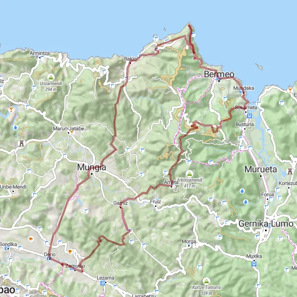 Miniatura della mappa di ispirazione al ciclismo "Itinerario Gravel Untzaga-Gaztelumendi" nella regione di País Vasco, Spain. Generata da Tarmacs.app, pianificatore di rotte ciclistiche