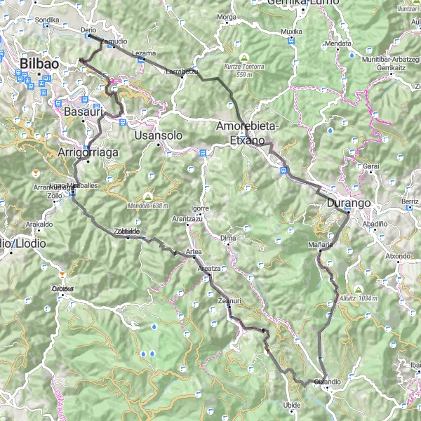 Miniaturní mapa "Výlet kolem Amorebieta-Etxano" inspirace pro cyklisty v oblasti País Vasco, Spain. Vytvořeno pomocí plánovače tras Tarmacs.app
