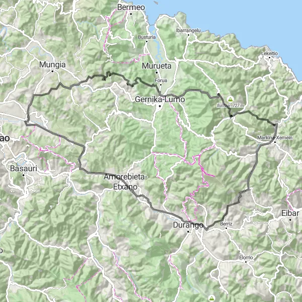 Miniatua del mapa de inspiración ciclista "Ruta por carretera hasta Markina-Xemein" en País Vasco, Spain. Generado por Tarmacs.app planificador de rutas ciclistas