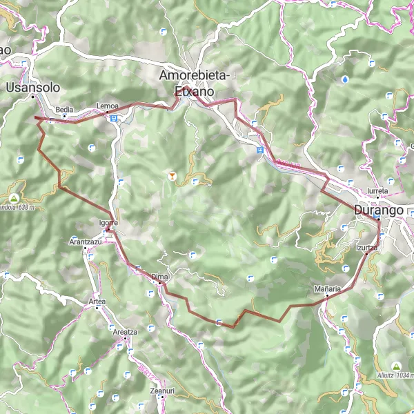 Miniaturní mapa "Gravel Round-Trip from Durango to Arrietabaso/Errialtabaso" inspirace pro cyklisty v oblasti País Vasco, Spain. Vytvořeno pomocí plánovače tras Tarmacs.app