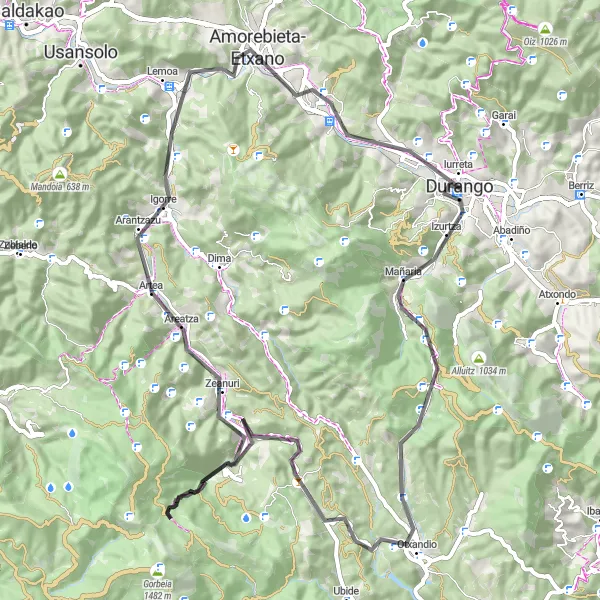Miniatua del mapa de inspiración ciclista "Ruta en bicicleta de carretera desde Durango" en País Vasco, Spain. Generado por Tarmacs.app planificador de rutas ciclistas