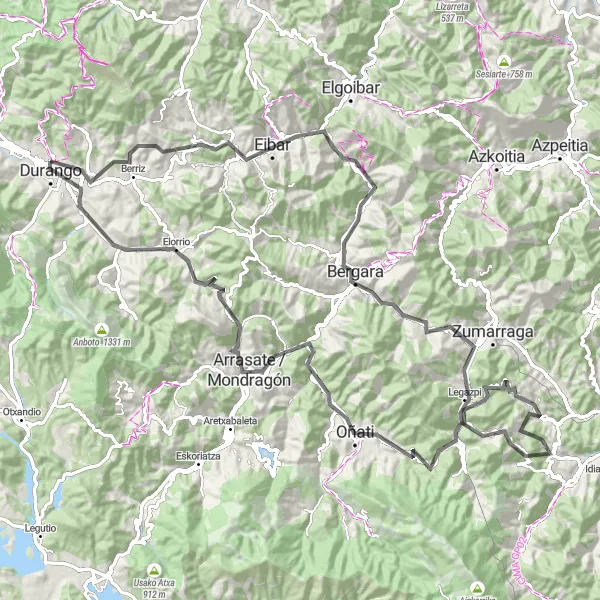 Miniatura della mappa di ispirazione al ciclismo "Giro in bicicletta Durango - Oñati - Durango" nella regione di País Vasco, Spain. Generata da Tarmacs.app, pianificatore di rotte ciclistiche