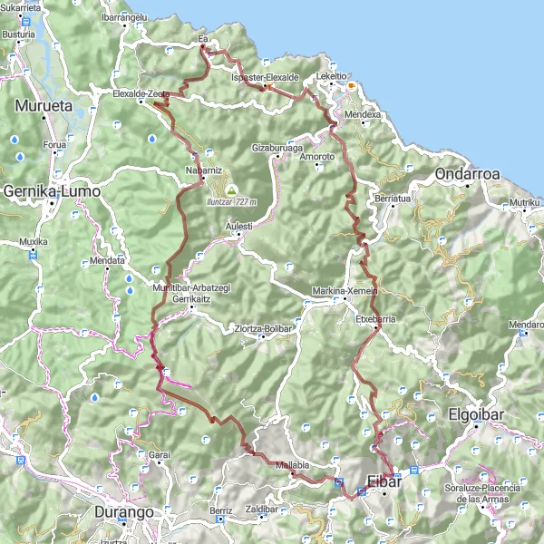 Map miniature of "Scenic Gravel Route to Larrazabal and Paguteko Mendi" cycling inspiration in País Vasco, Spain. Generated by Tarmacs.app cycling route planner