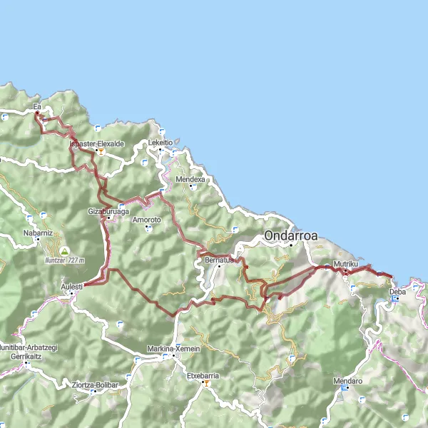 Miniature de la carte de l'inspiration cycliste "Itinéraire à travers les collines autour de Ea" dans la País Vasco, Spain. Générée par le planificateur d'itinéraire cycliste Tarmacs.app