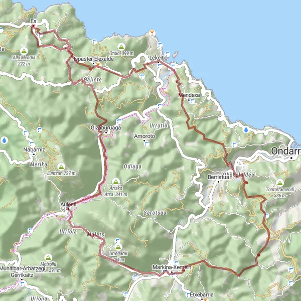 Miniatura della mappa di ispirazione al ciclismo "Percorso in bicicletta sterrato da Ea a Larrazabal attraverso Lekeitio e Aulesti" nella regione di País Vasco, Spain. Generata da Tarmacs.app, pianificatore di rotte ciclistiche