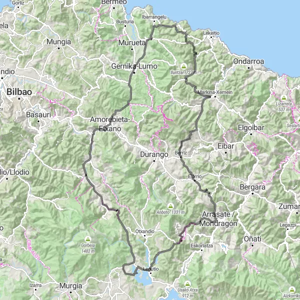 Map miniature of "Mountain Prowess" cycling inspiration in País Vasco, Spain. Generated by Tarmacs.app cycling route planner