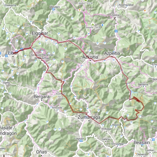 Miniaturní mapa "Gravel bike route around Eibar" inspirace pro cyklisty v oblasti País Vasco, Spain. Vytvořeno pomocí plánovače tras Tarmacs.app