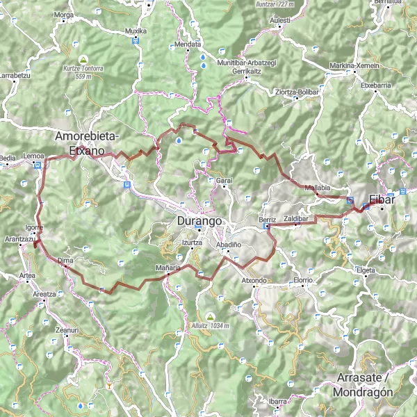 Miniaturní mapa "Scenic gravel loop through Berriz and Oiz" inspirace pro cyklisty v oblasti País Vasco, Spain. Vytvořeno pomocí plánovače tras Tarmacs.app