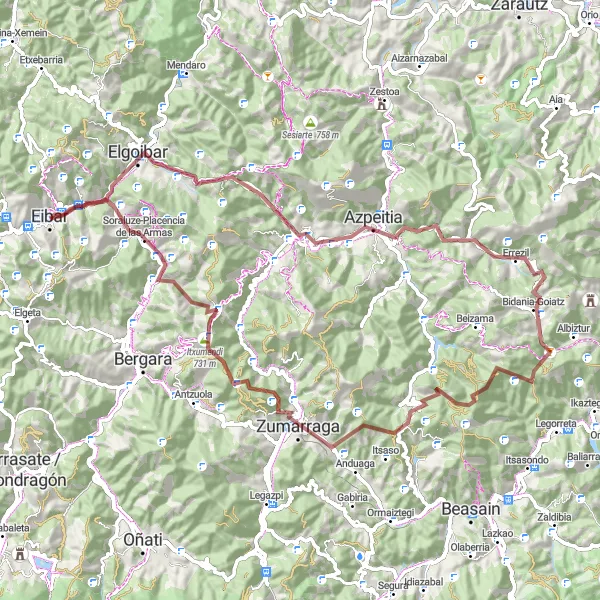 Map miniature of "Azkoitia Adventure" cycling inspiration in País Vasco, Spain. Generated by Tarmacs.app cycling route planner