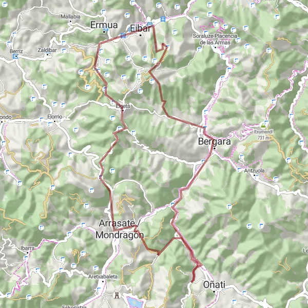 Miniatura della mappa di ispirazione al ciclismo "Giro in bicicletta tra Eibar e dintorni" nella regione di País Vasco, Spain. Generata da Tarmacs.app, pianificatore di rotte ciclistiche