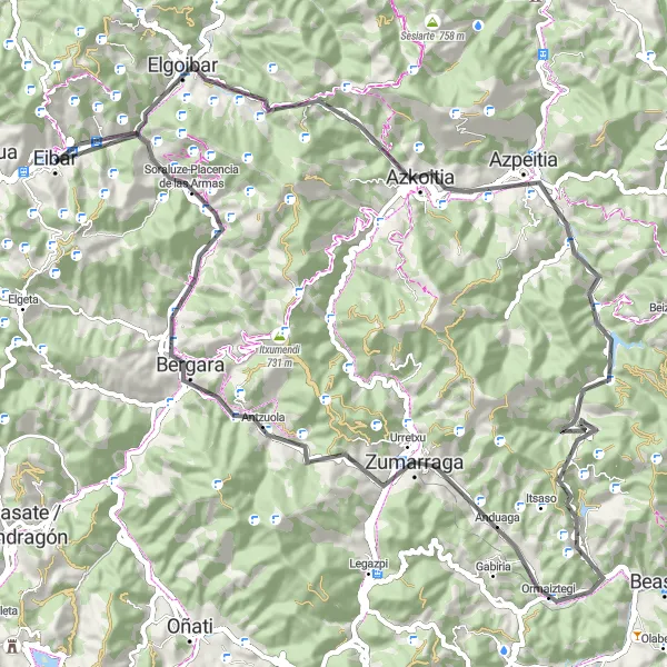 Miniatua del mapa de inspiración ciclista "Ruta en bicicleta de carretera desde Eibar" en País Vasco, Spain. Generado por Tarmacs.app planificador de rutas ciclistas