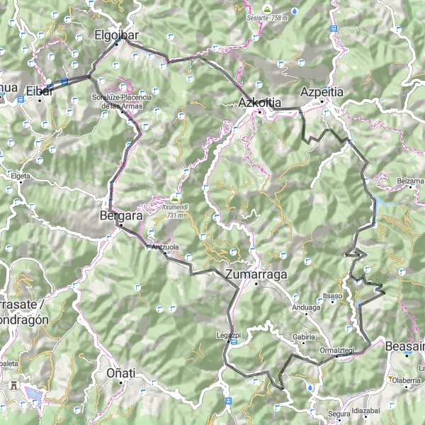 Miniatua del mapa de inspiración ciclista "Ruta en bicicleta de carretera desde Eibar hasta Soraluze-Placencia de las Armas" en País Vasco, Spain. Generado por Tarmacs.app planificador de rutas ciclistas