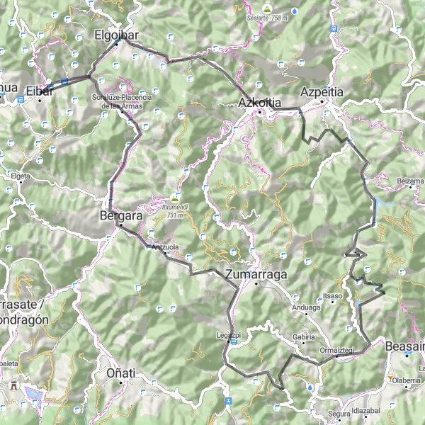 Miniatura della mappa di ispirazione al ciclismo "Scoperta in bicicletta di Azkoitia, Antxintxurdi e Soraluze" nella regione di País Vasco, Spain. Generata da Tarmacs.app, pianificatore di rotte ciclistiche