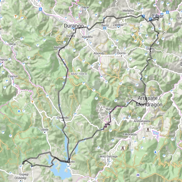 Miniatua del mapa de inspiración ciclista "Ruta en bicicleta de carretera desde Eibar hasta Arrasate / Mondragón" en País Vasco, Spain. Generado por Tarmacs.app planificador de rutas ciclistas