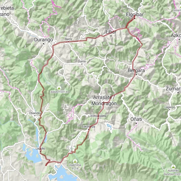 Miniatura della mappa di ispirazione al ciclismo "Giro in Gravel attraverso le Meraviglie del País Vasco" nella regione di País Vasco, Spain. Generata da Tarmacs.app, pianificatore di rotte ciclistiche