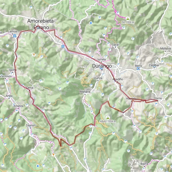 Miniatura della mappa di ispirazione al ciclismo "Via Gravel Elorrio - Durango - Elorrio" nella regione di País Vasco, Spain. Generata da Tarmacs.app, pianificatore di rotte ciclistiche