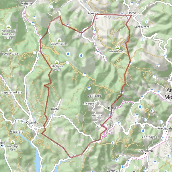 Miniaturní mapa "Gravel trasa s výškovým rozdílem 1419 m a délkou 45 km" inspirace pro cyklisty v oblasti País Vasco, Spain. Vytvořeno pomocí plánovače tras Tarmacs.app